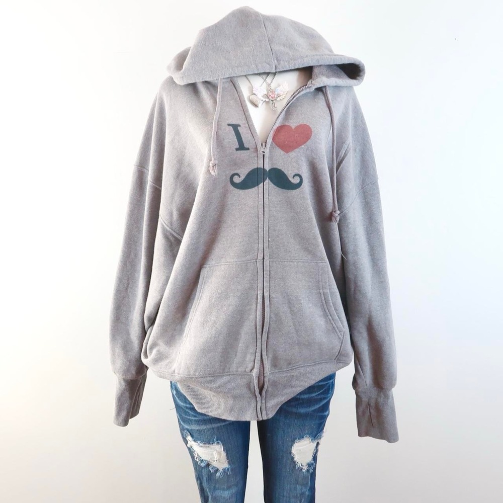 y2k gray i love mustache graphic zip up hoodie novelty 2000s
